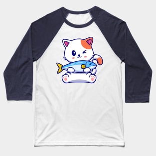 Cute Cat Holding Fish Cartoon Baseball T-Shirt